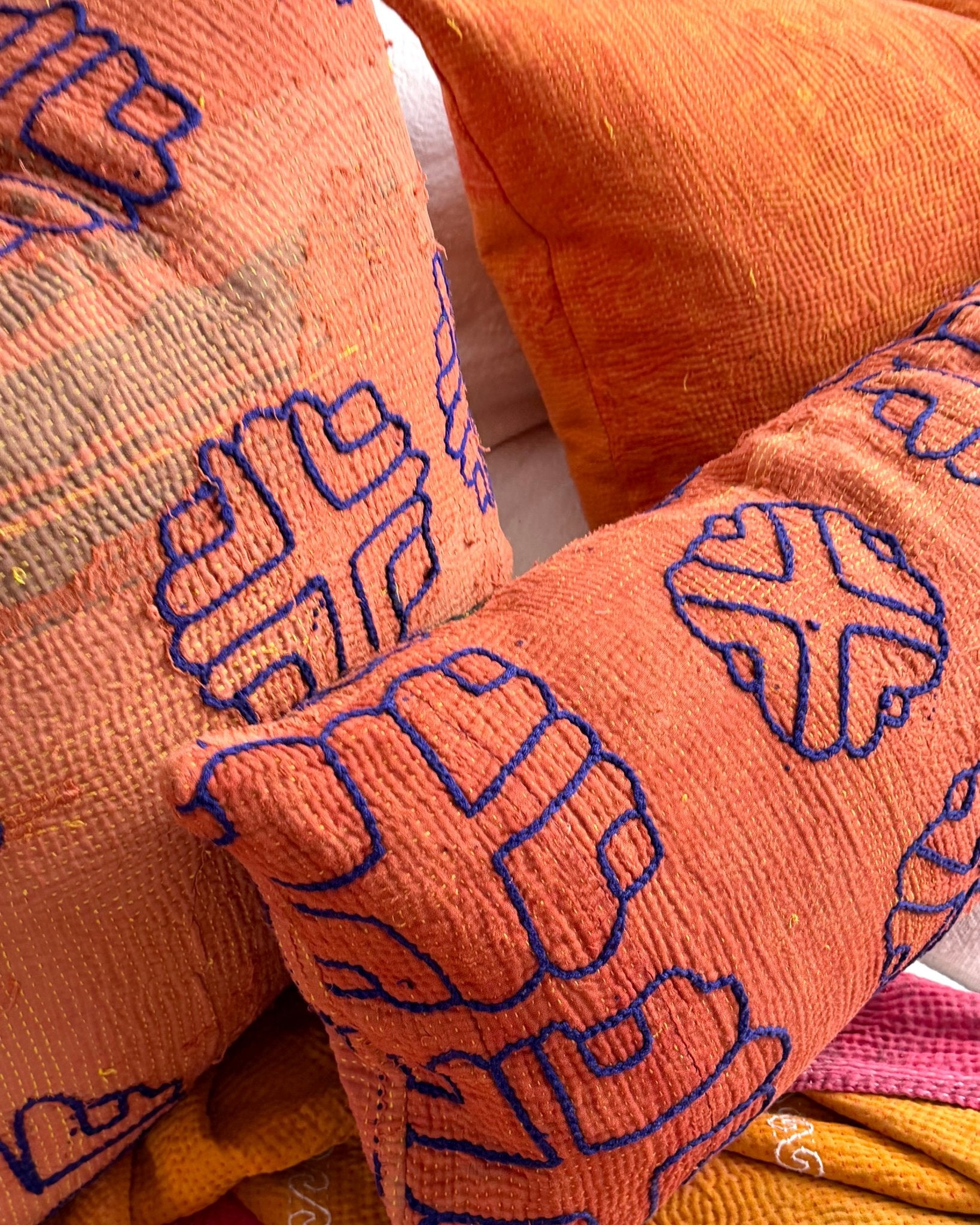 Vintage Kantha Cushion In Terracotta 05 - 50cm Square - Biggs & Hill