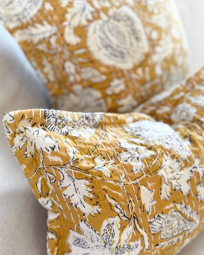 Mustard Yellow Floral Cushion, Block Printed and Hand Stitched Kantha Cotton - Biggs & Hill