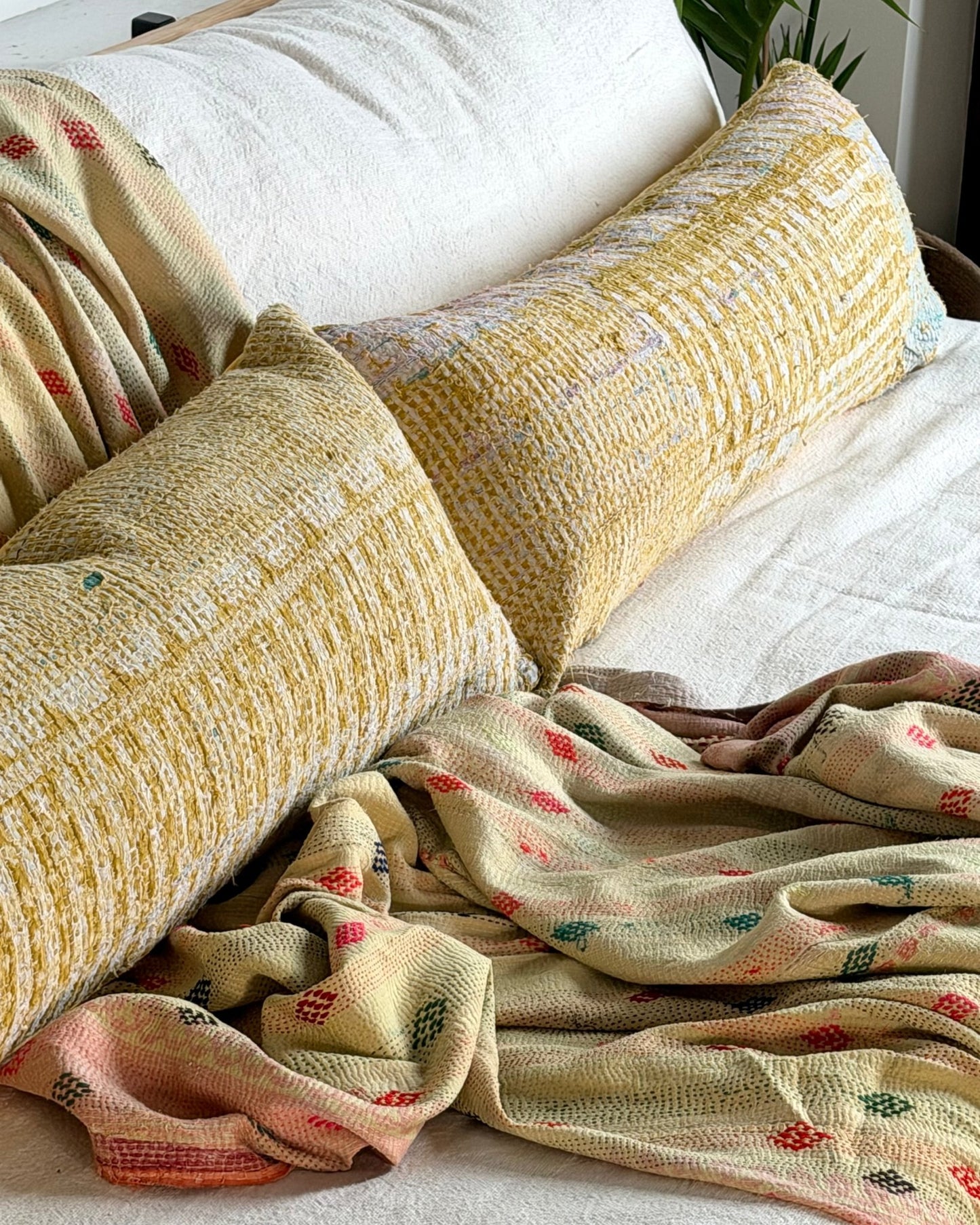 Vintage Kantha Bolster Cushion In Yellow 03 - Biggs & Hill