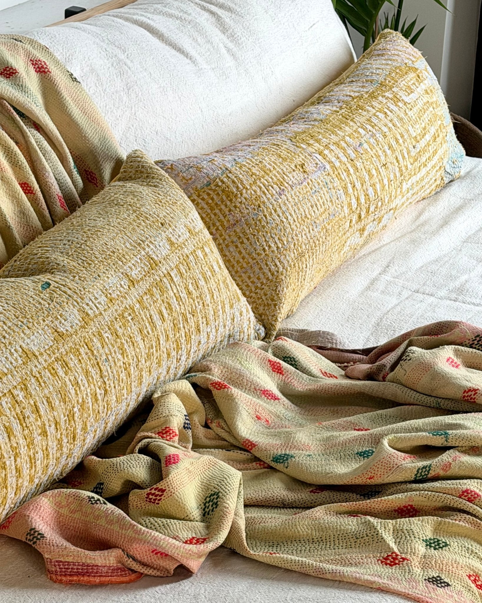 Vintage Kantha Bolster Cushion In Yellow 03 - Biggs & Hill