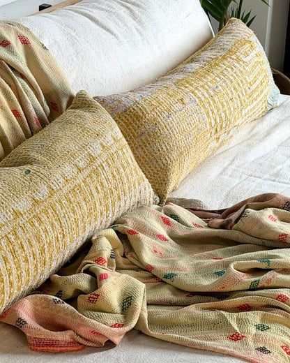 Vintage Kantha Bolster Cushion In Yellow 03 - Biggs & Hill
