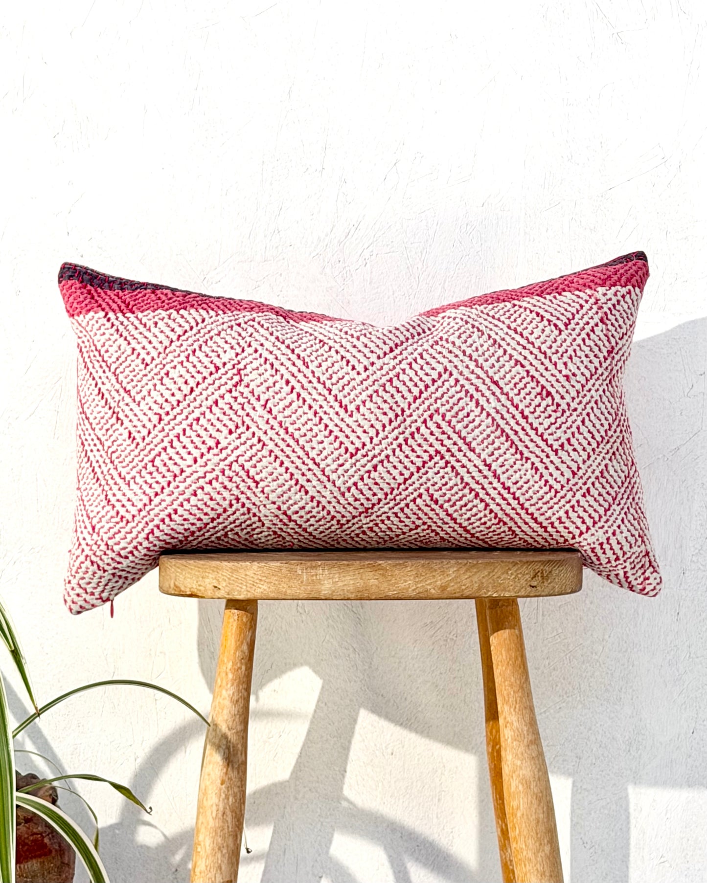 Vintage Kantha Cushion Cover In Pink and Purple - Small Rectangular
