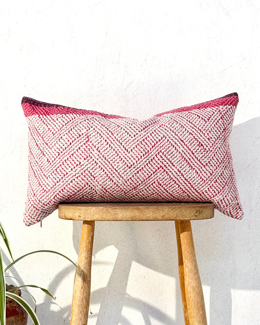 Vintage Kantha Cushion Cover In Pink and Purple - Small Rectangular - Biggs & Hill