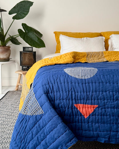 Quilted Kantha In Blue and Yellow With Geometric Patterns - SUPER KING - Biggs & Hill