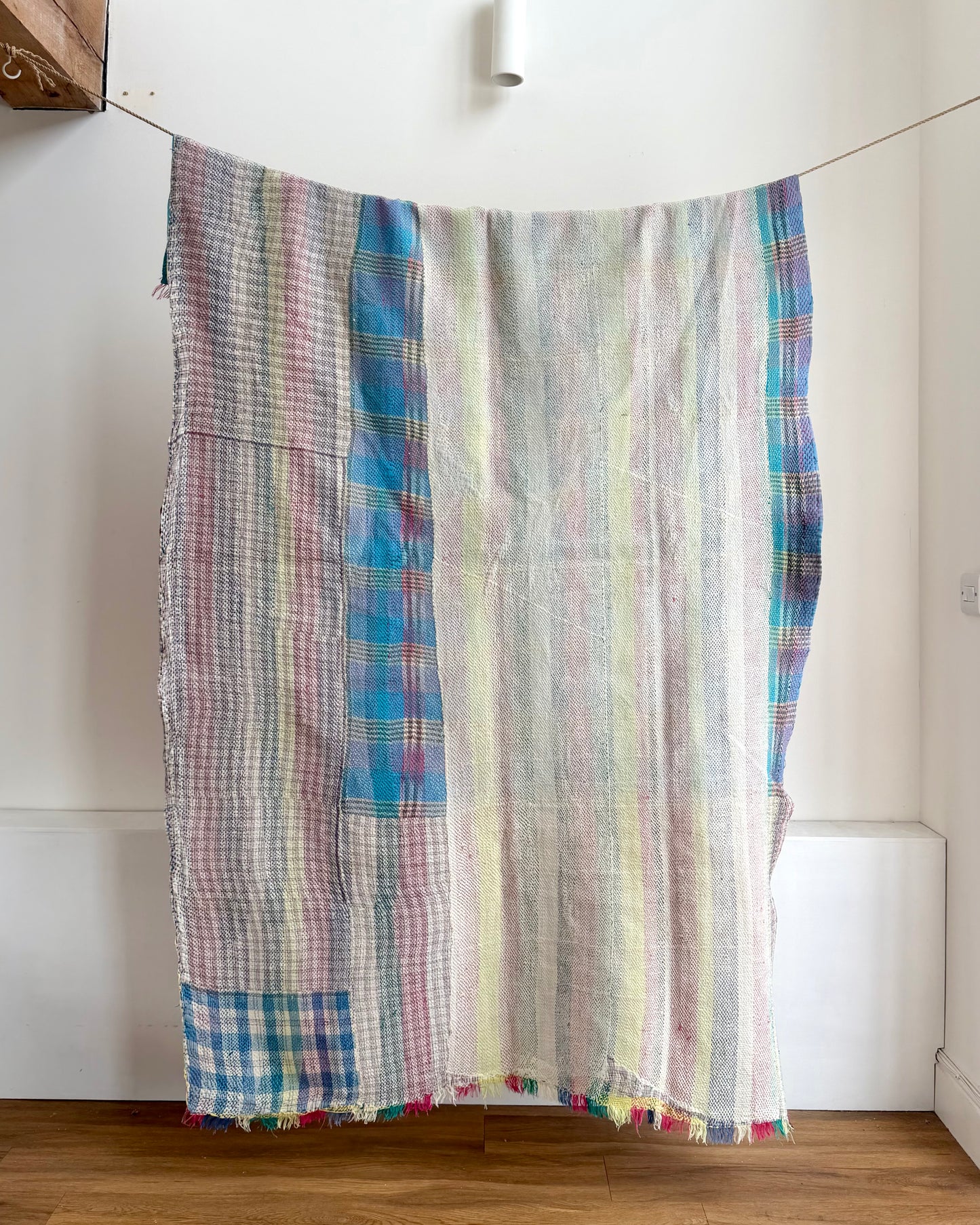 Large Heavy Kantha Blanket Quilt in Pink, Orange and Blue Colour Block