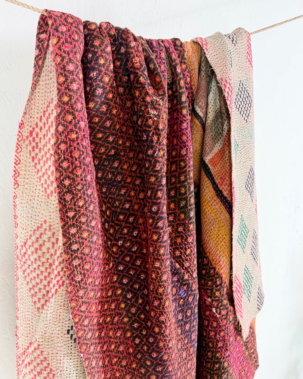 Embroidered Vintage Kantha Quilt in Pink and White - Biggs & Hill
