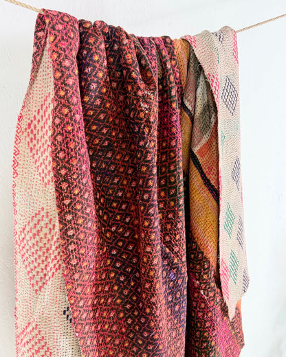 Embroidered Vintage Kantha Quilt in Pink and White - Biggs & Hill