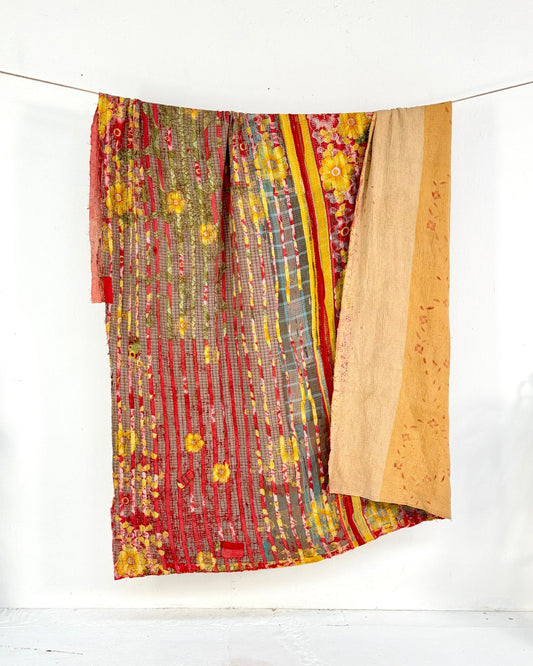 Extra Large Fine Stitched Vintage Kantha Quilt in Red and Yellow - Biggs & Hill