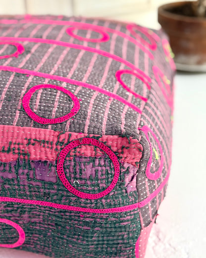 Large Square Kantha Floor Cushion Cover With Pink Circles