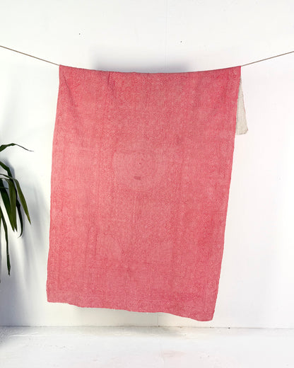 Embroidered Sujini Vintage Kantha Quilt In Faded Pink With Lotus Flower