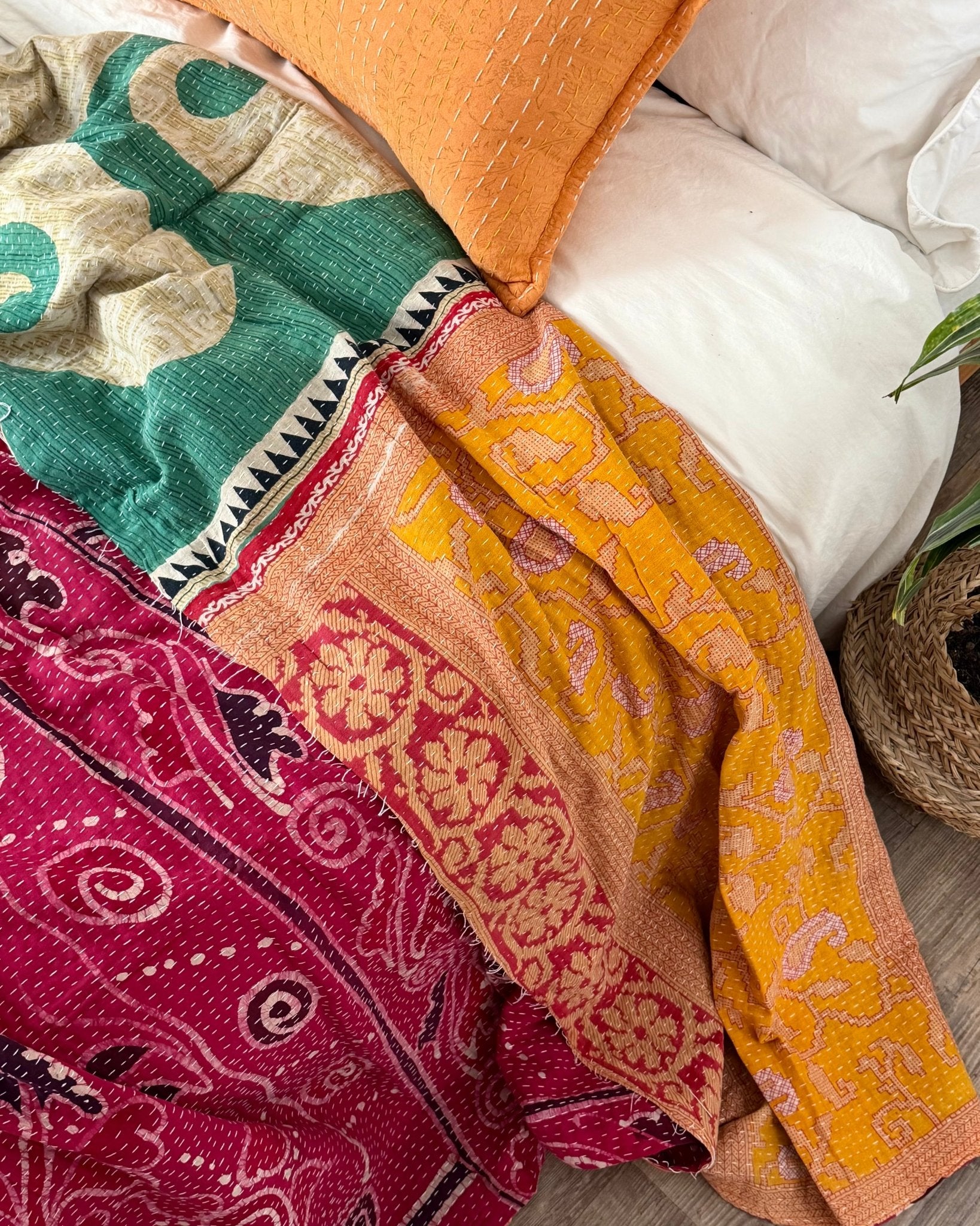 Super King Vintage Kantha Quilt in Pink, Blue and Yellow - Biggs & Hill