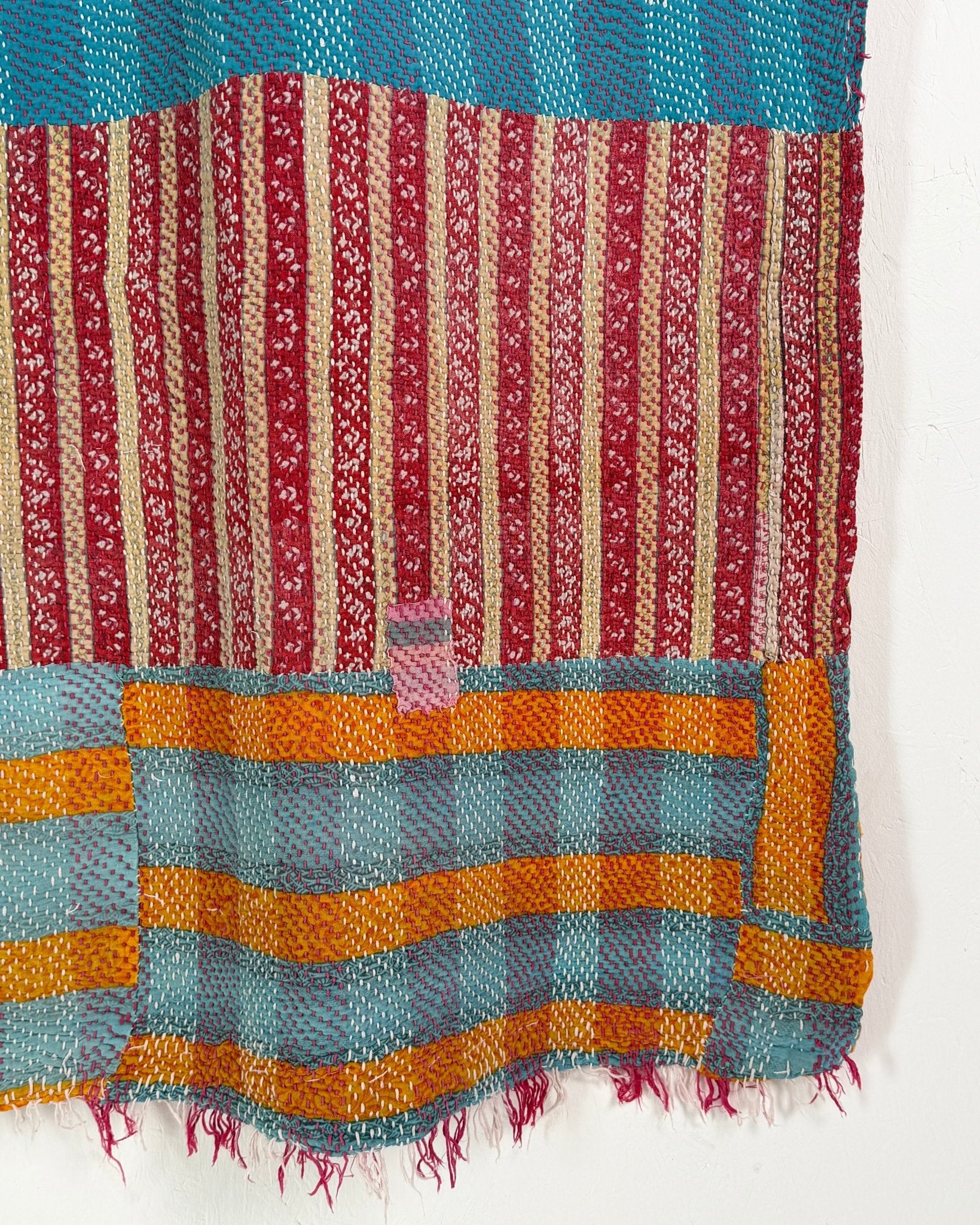 Heavy Kantha Blanket Quilt In Orange, Pink and Blue Colour Blocks - Biggs & Hill