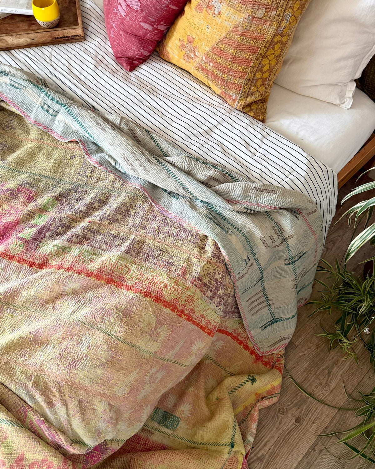 Large Textured Vintage Kantha Quilt In Soft Yellow, Green, Pink and Blue - Biggs & Hill