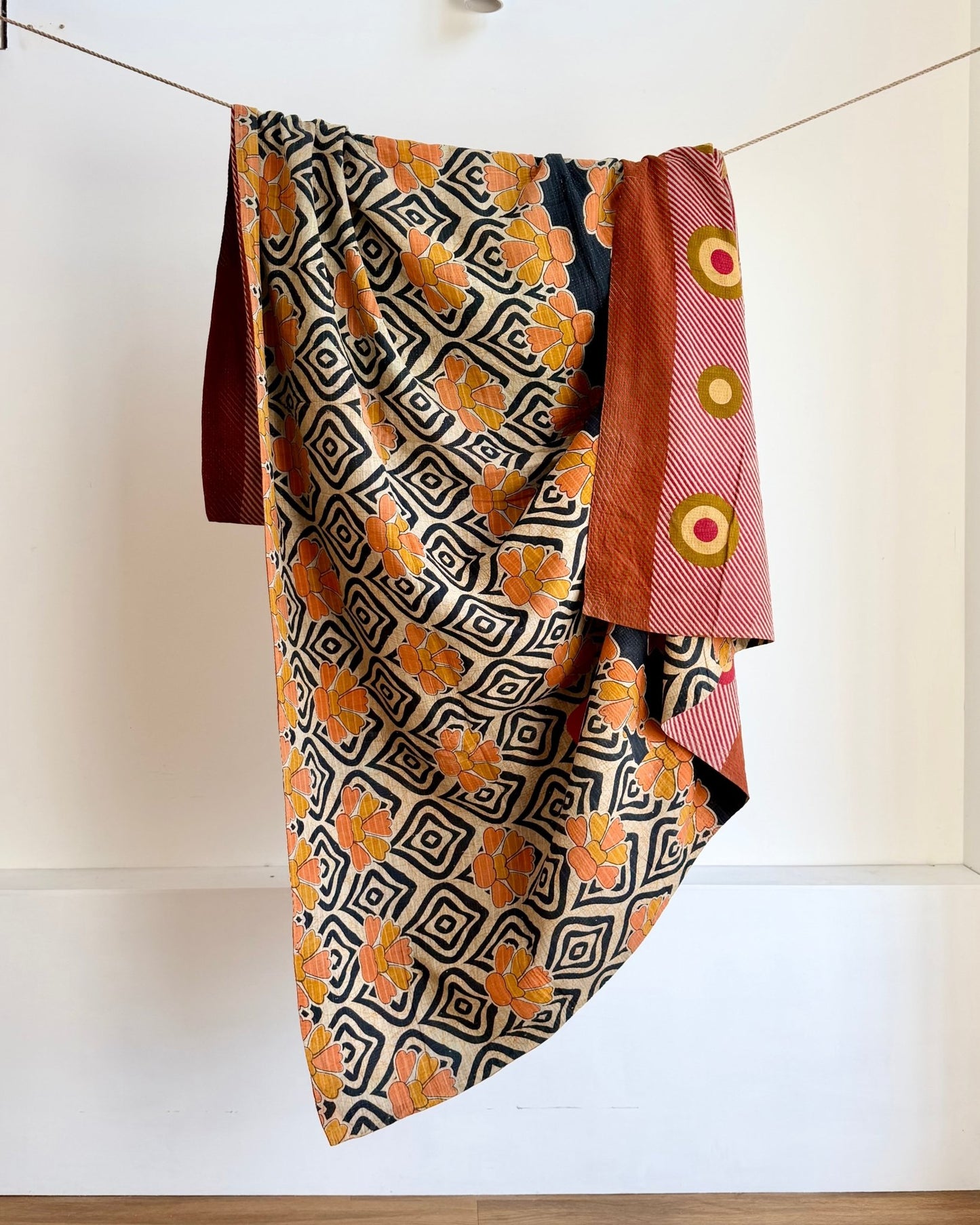 Extra Large Fine Stitched Vintage Kantha Quilt With Pink Dots and Navy Blue Patterns - Biggs & Hill