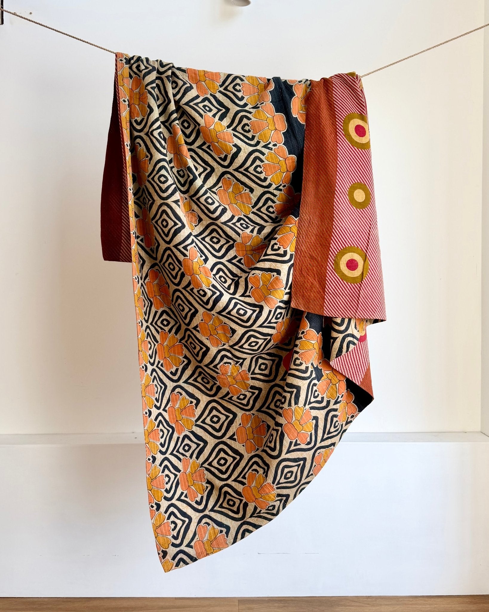 Extra Large Fine Stitched Vintage Kantha Quilt With Pink Dots and Navy Blue Patterns - Biggs & Hill