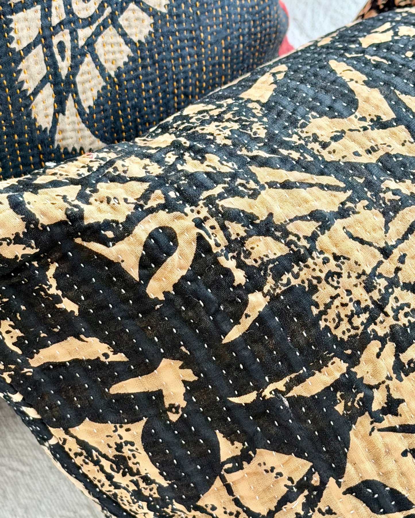 Vintage Kantha Cushion In Black and Red- Small Rectangular