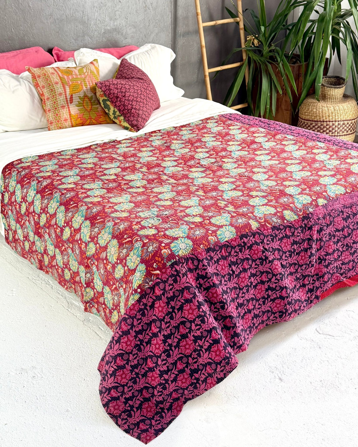 Large Fine Stitched Vintage Kantha Quilt in Bright Pink and Green - Biggs & Hill