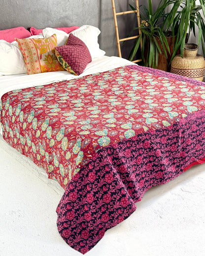 Large Fine Stitched Vintage Kantha Quilt in Bright Pink and Green - Biggs & Hill