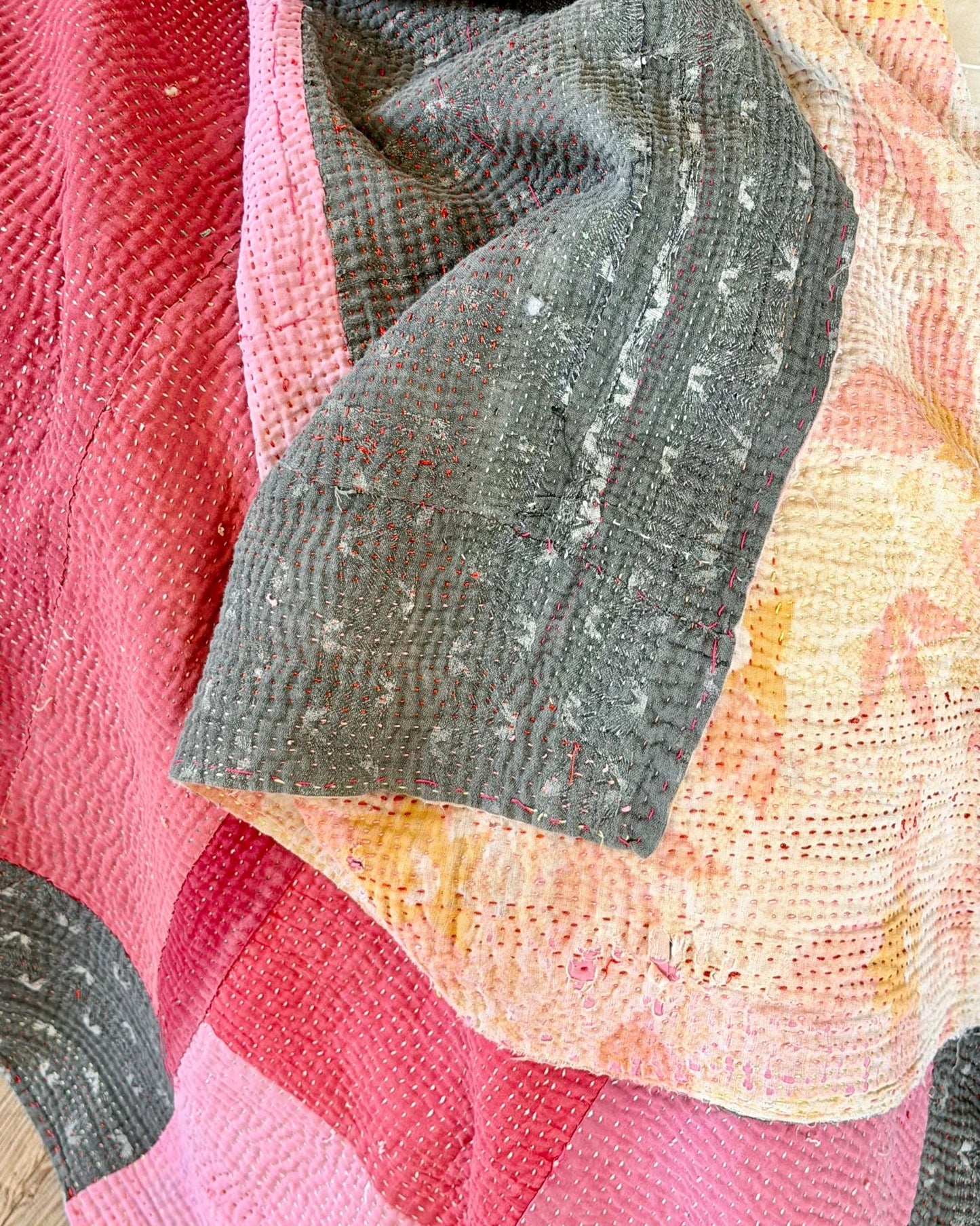 Fine Stitched Vintage Kantha Quilt in Vibrant Pink and Grey Patchwork - Biggs & Hill