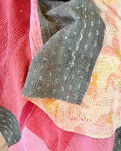 Fine Stitched Vintage Kantha Quilt in Vibrant Pink and Grey Patchwork - Biggs & Hill