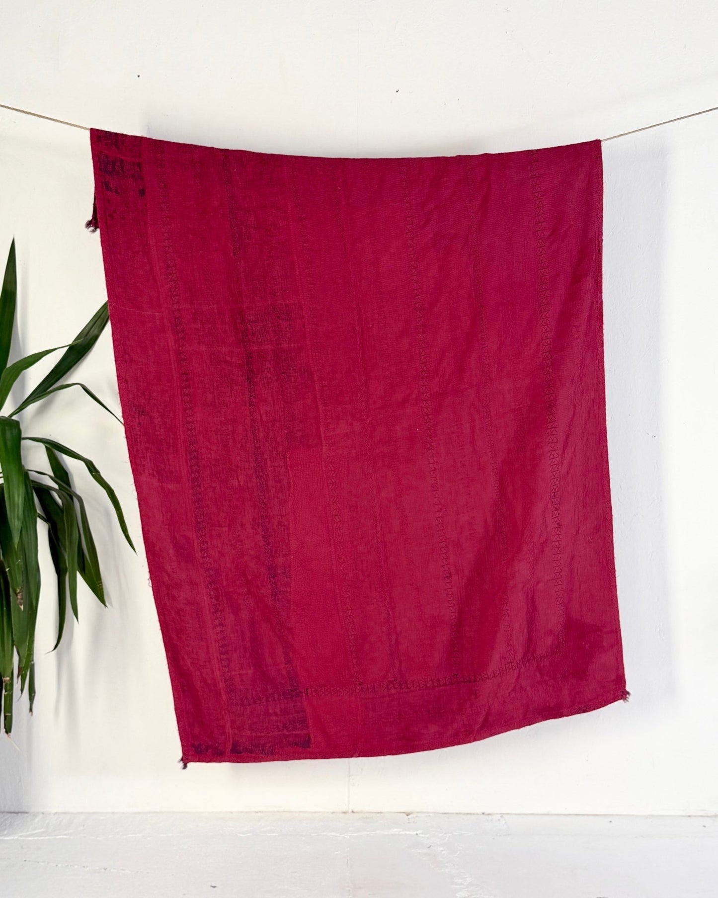 Fine Stitched Embroidered Vintage Kantha Quilt in Deep Plum Red - Biggs & Hill