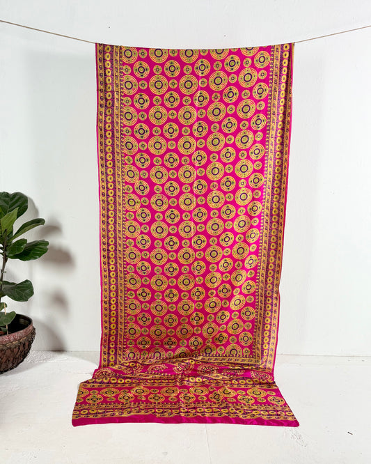 Preloved Silk Sari In Pink Circle Block Print 13