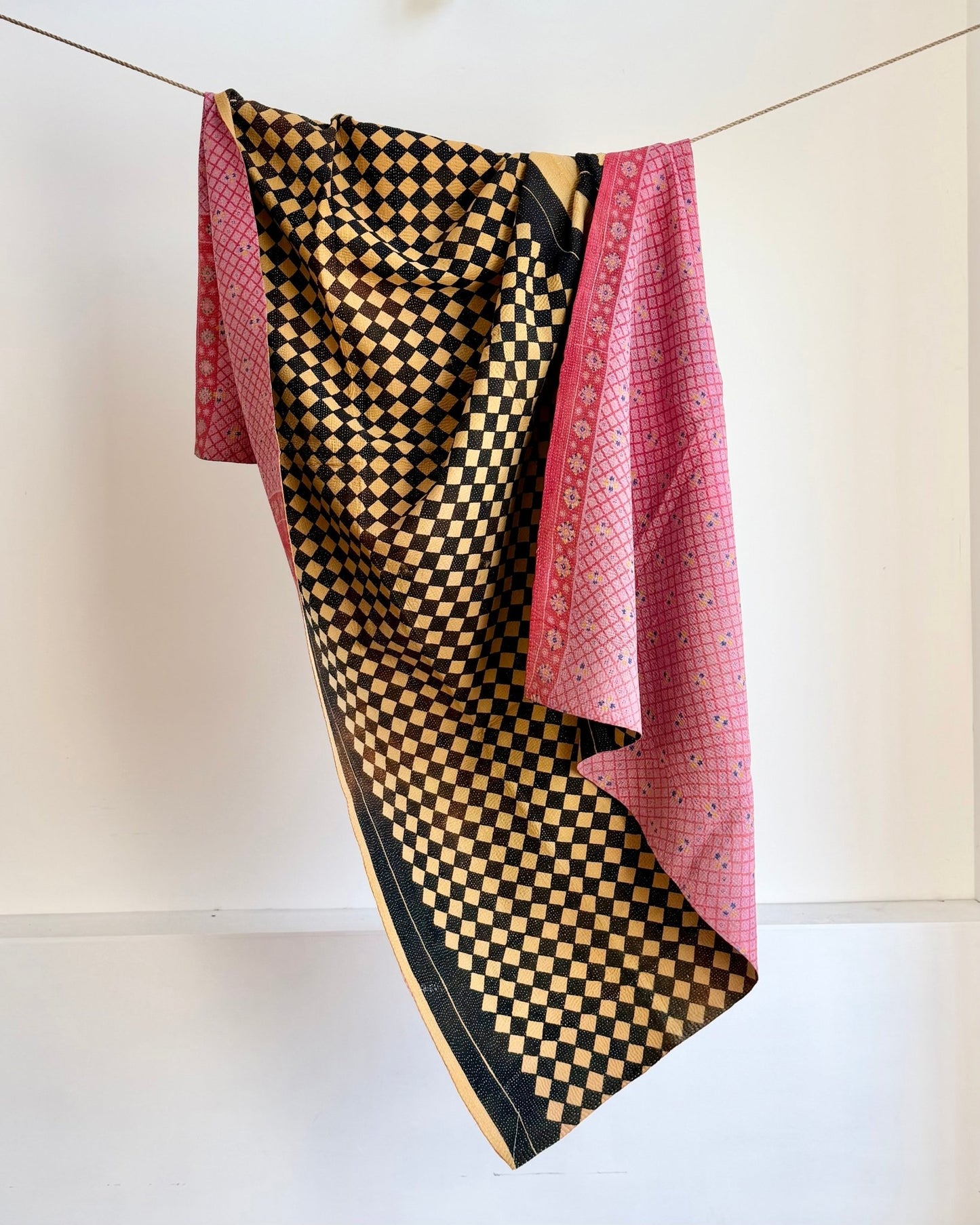 Large Fine Stitched Vintage Kantha Quilt in Chequered Yellow and Black and Pink - Biggs & Hill