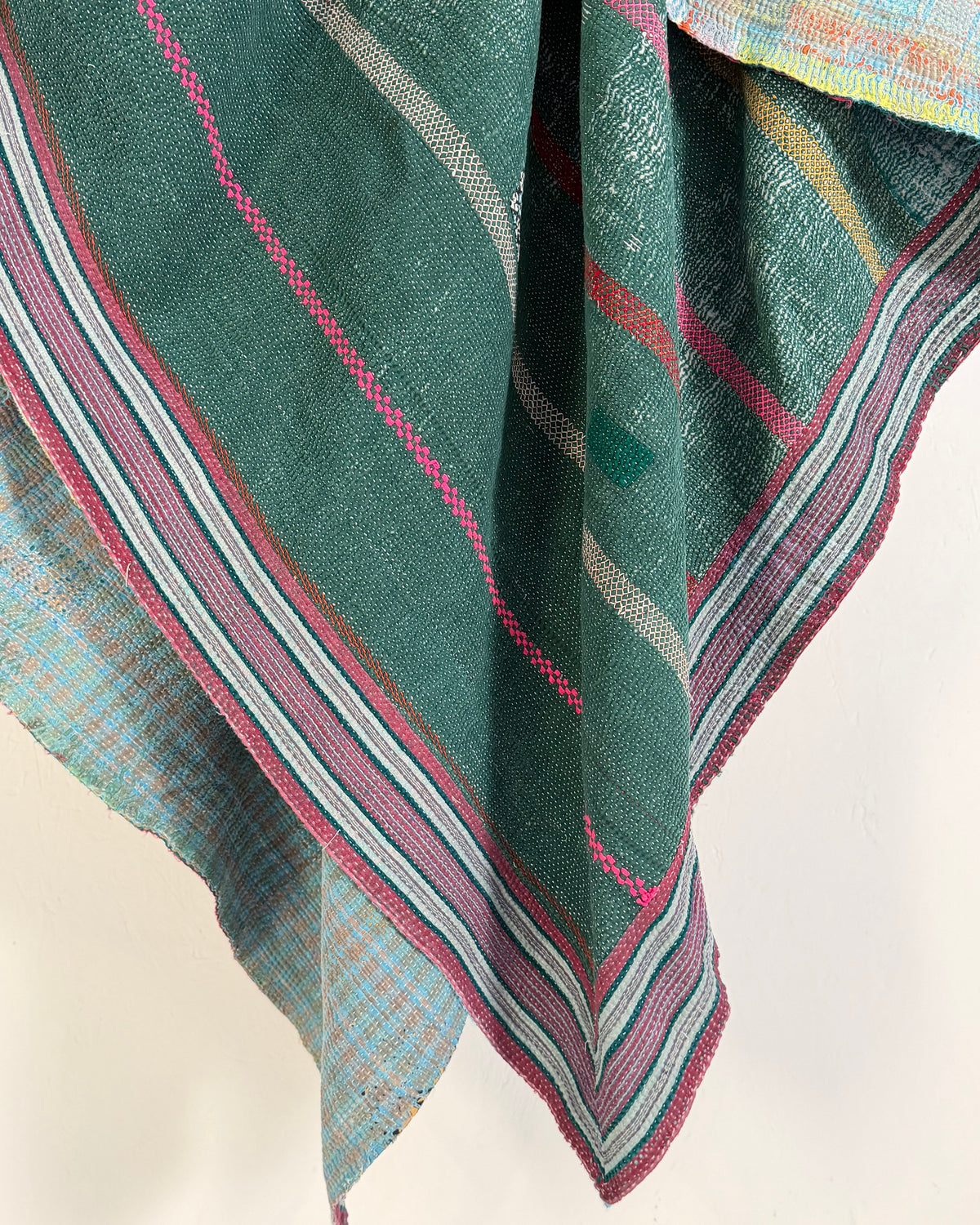 Extra Large Heavy Embroidered Vintage Kantha Quilt in Green and Blue