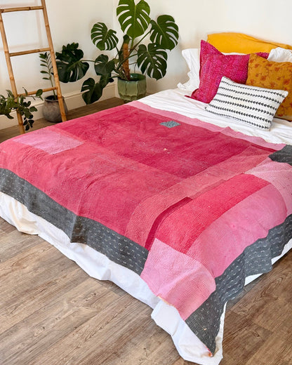 Fine Stitched Vintage Kantha Quilt in Vibrant Pink and Grey Patchwork - Biggs & Hill
