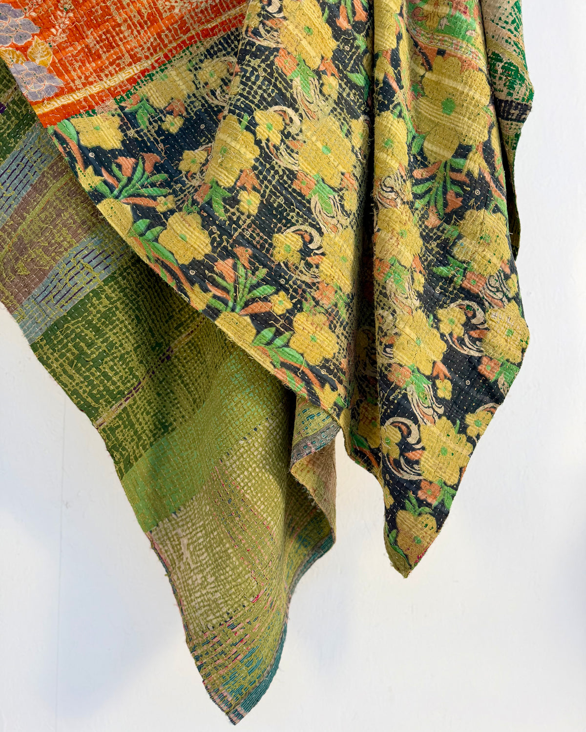 Large Textured Vintage Kantha Quilt In Green and Orange