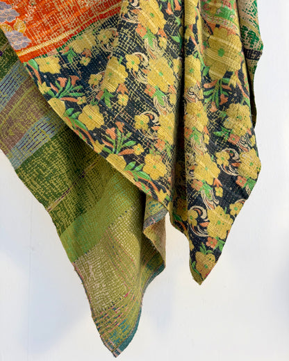 Large Textured Vintage Kantha Quilt In Green and Orange