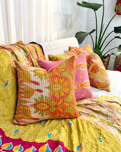 Handmade Vintage Kantha Cushion Cover In Retro Floral - 45cm (18") - Biggs & Hill