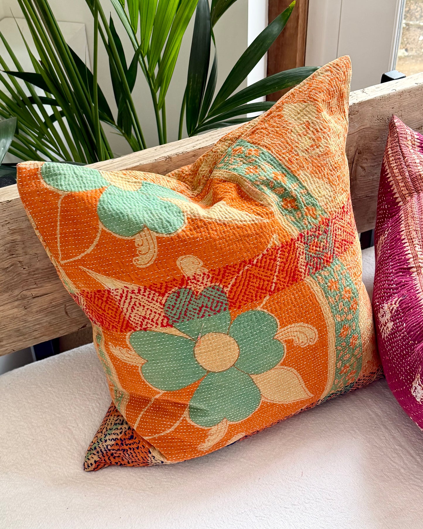 Vintage Kantha Cushion In Floral Orange- 45cm Square