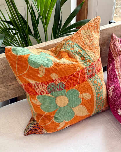 Vintage Kantha Cushion In Floral Orange- 45cm Square
