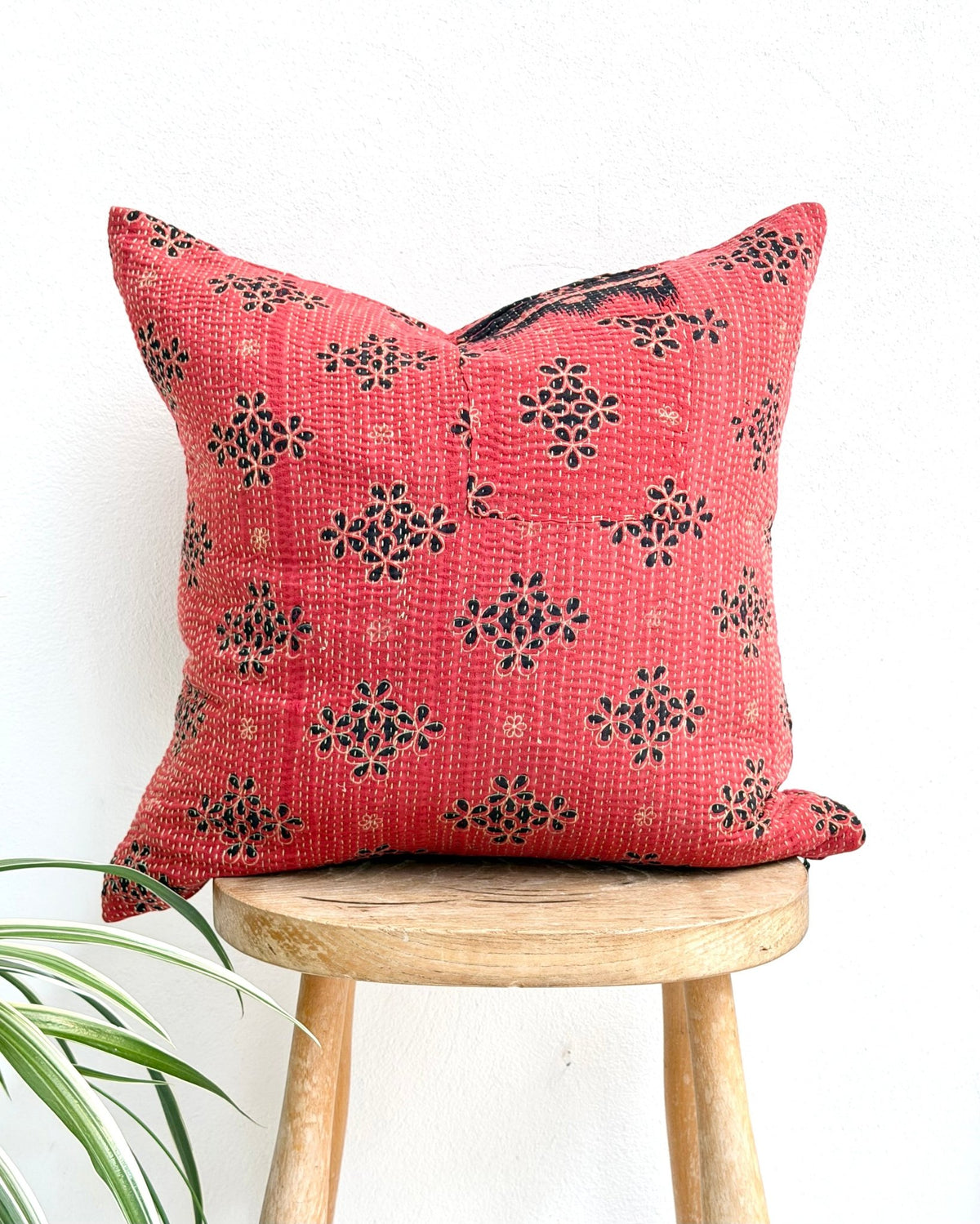 Handmade Reversible Vintage Kantha Cushion Cover In Red and Black - 45cm (18") - Biggs & Hill