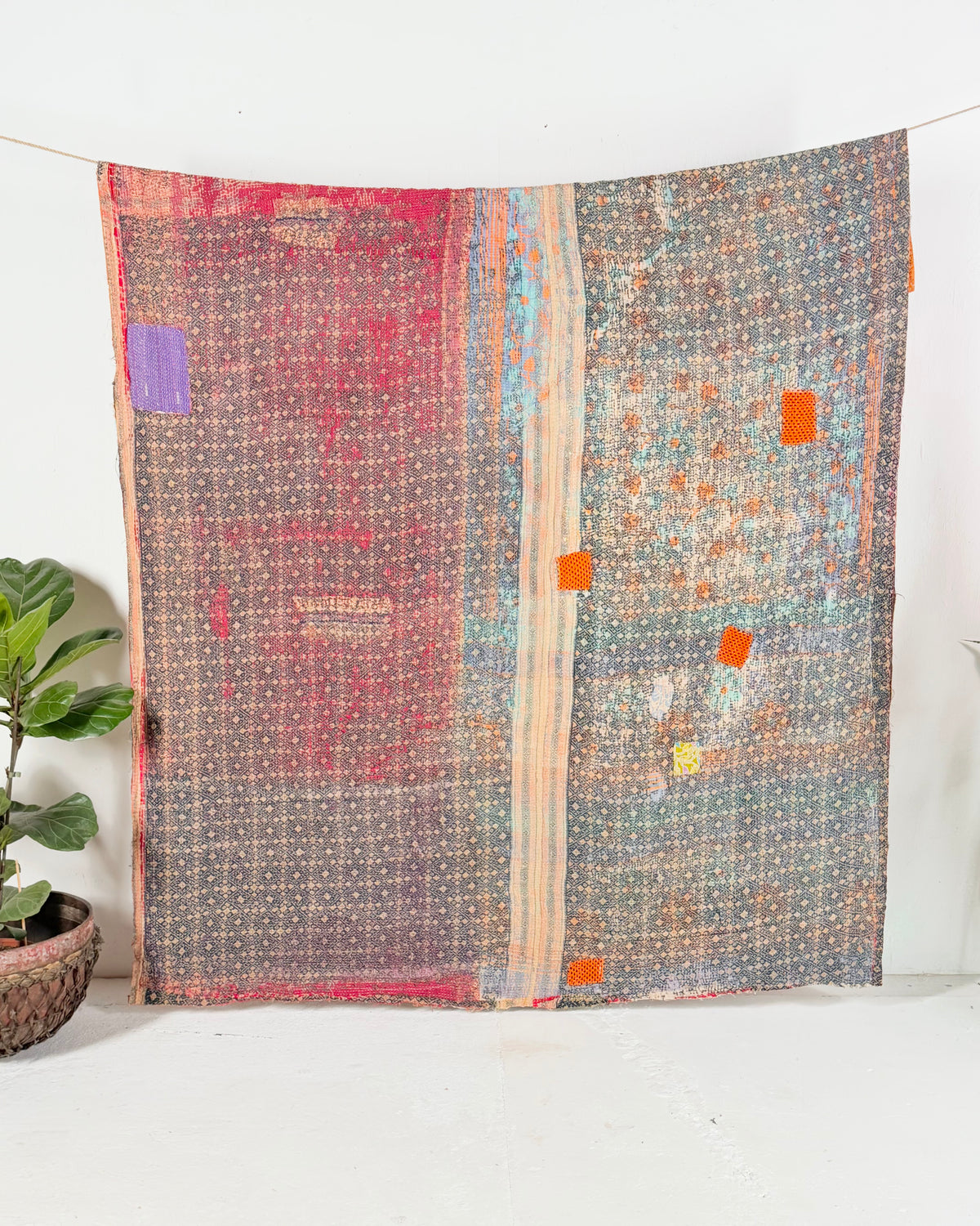 Large Textured Vintage Kantha Quilt in Red and Blue