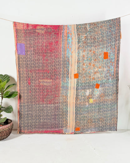 Large Textured Vintage Kantha Quilt in Red and Blue