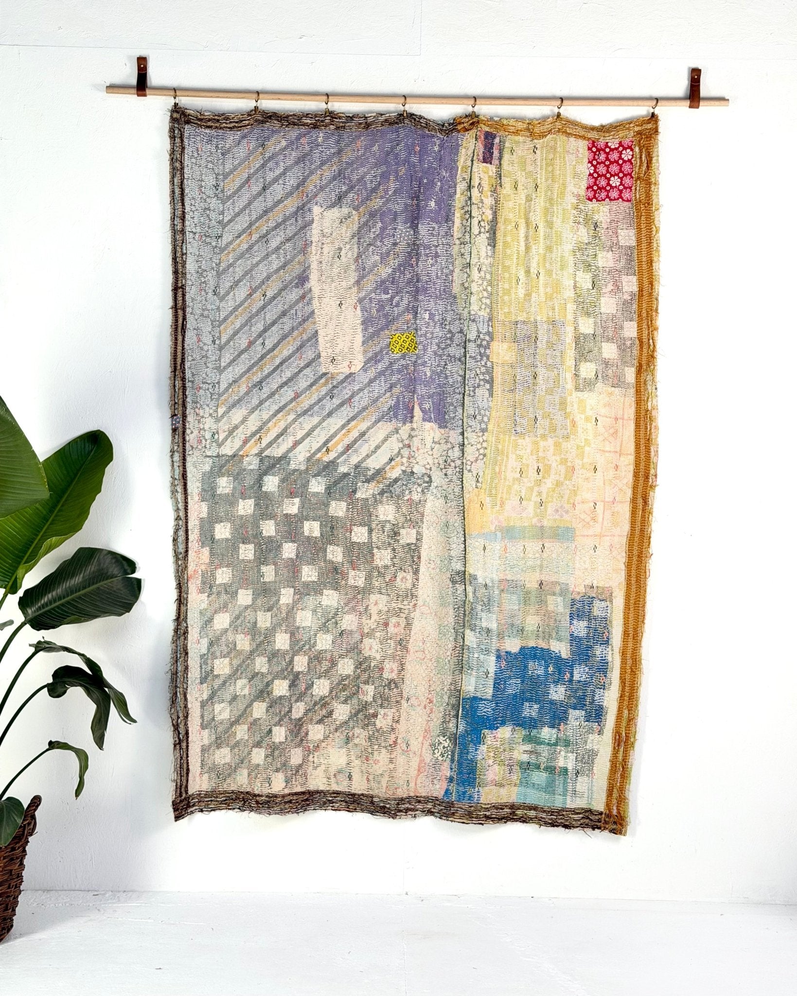Textured Vintage Kantha Quilt In Blue and Gold - Biggs & Hill