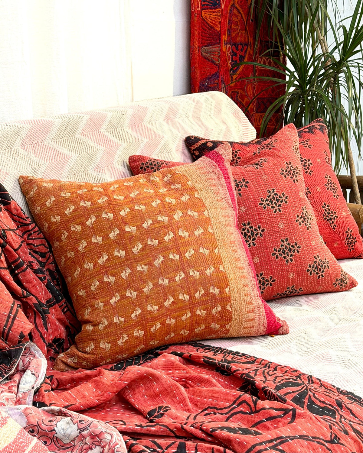 Handmade Vintage Kantha Cushion Cover In Orange and Pink - 45cm (18") Square - Biggs & Hill