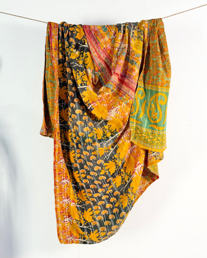 Extra Large Large Fine Stitched Vintage Kantha Quilt in Orange and Navy Blue