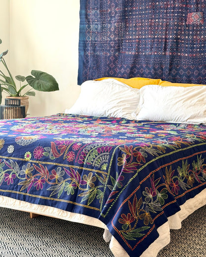 Embroidered Handmade Revival Nakshi Kantha Bedcover in Deep Blue - Biggs & Hill