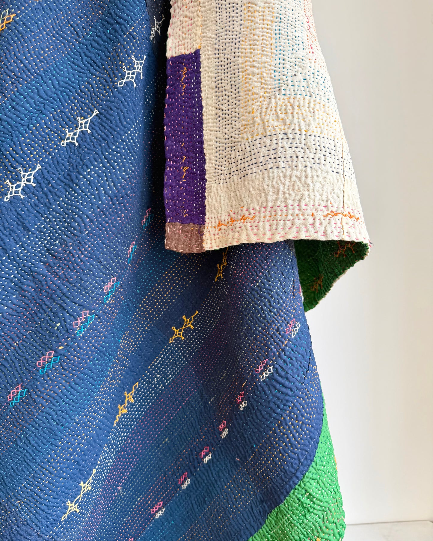 Vintage Embroidered Saami Ralli Quilt in Dark Blue, Green With Brown Colour Block Reverse