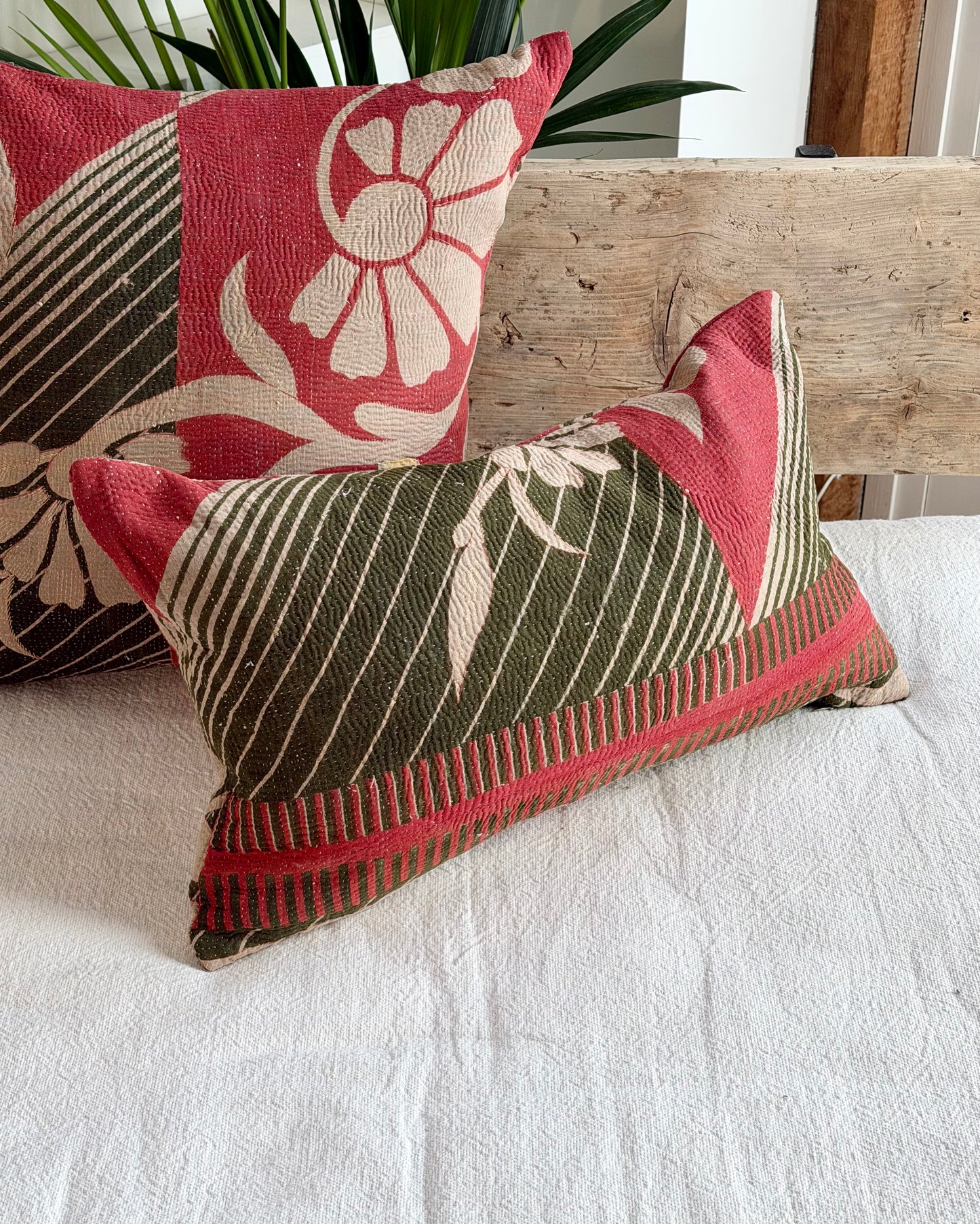 Vintage Kantha Cushion In Forest Green and Pink - Small Rectangular