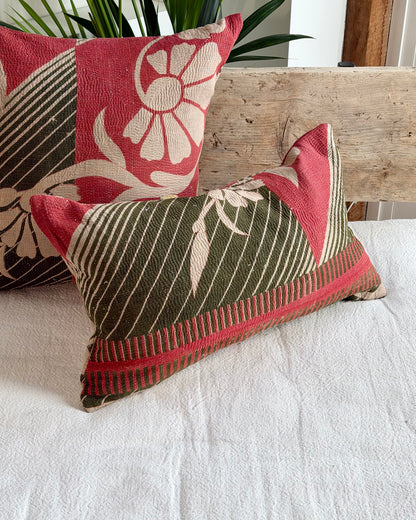 Vintage Kantha Cushion In Forest Green and Pink - Small Rectangular