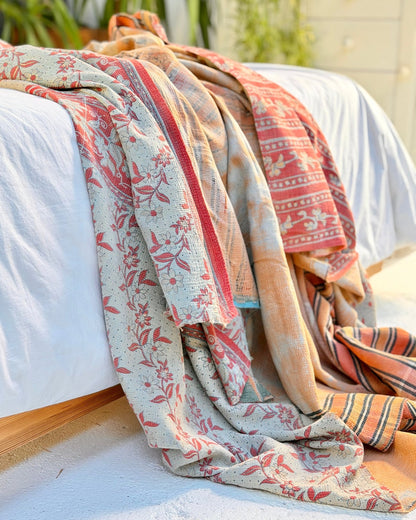 Extra Large Fine Stitched Vintage Kantha Quilt in Peachy Orange and Red - Biggs & Hill
