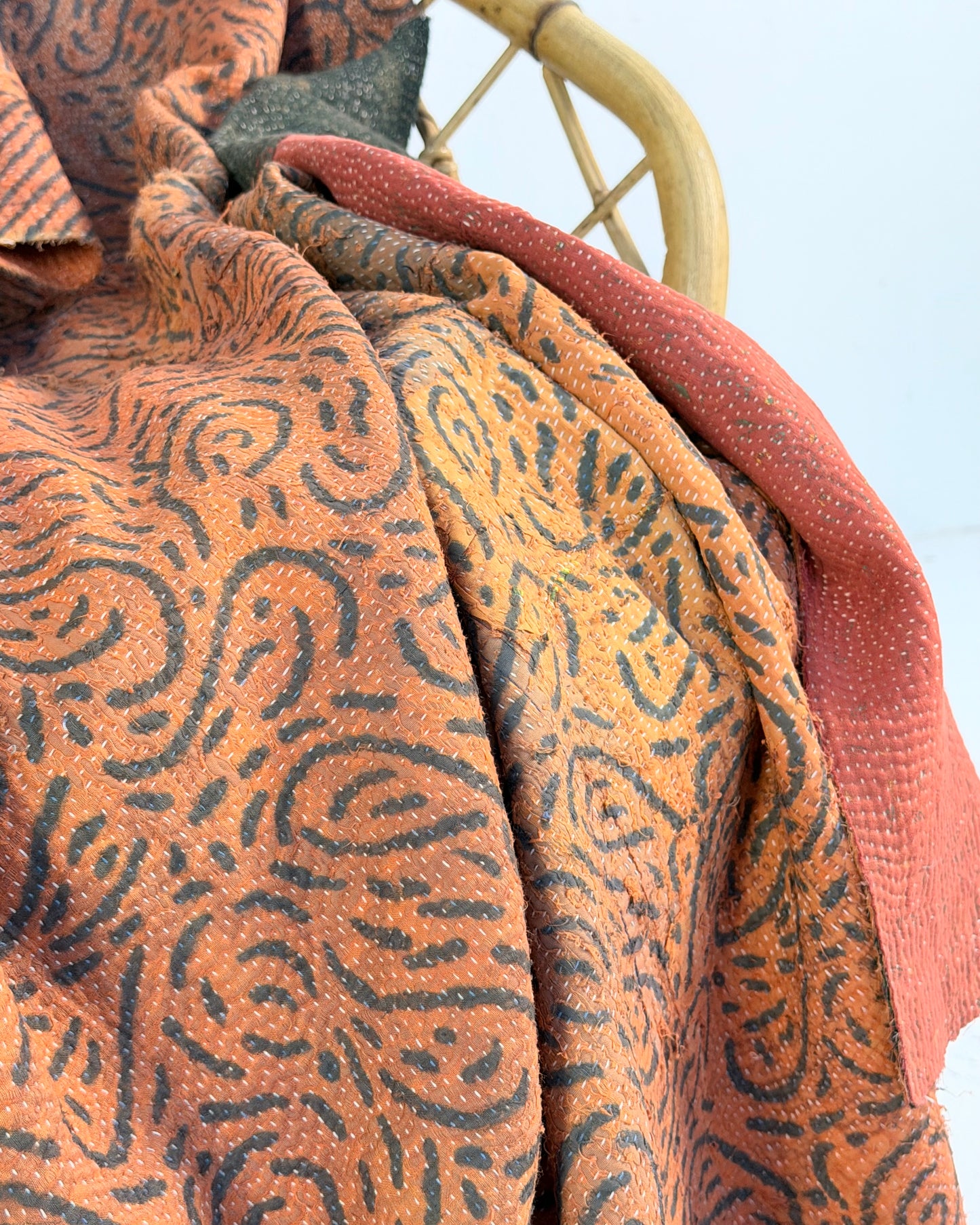 Ajrakh Printed Vintage Kantha Quilt In Orange And Green