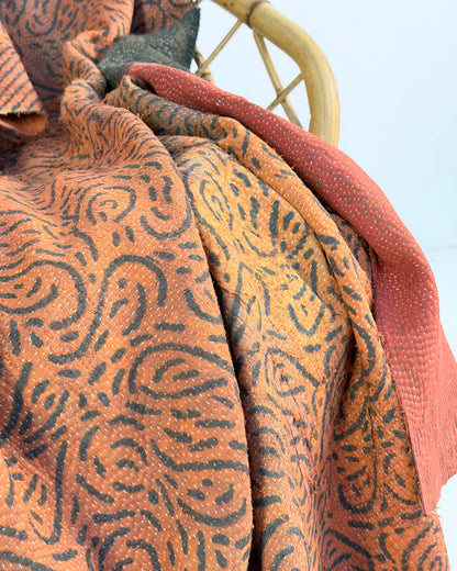 Ajrakh Printed Vintage Kantha Quilt In Orange And Green