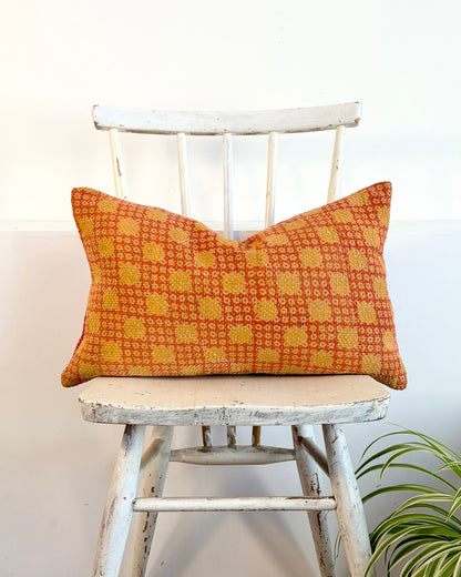 Vintage Kantha Cushion In Pink and Yellow - Small Rectangular