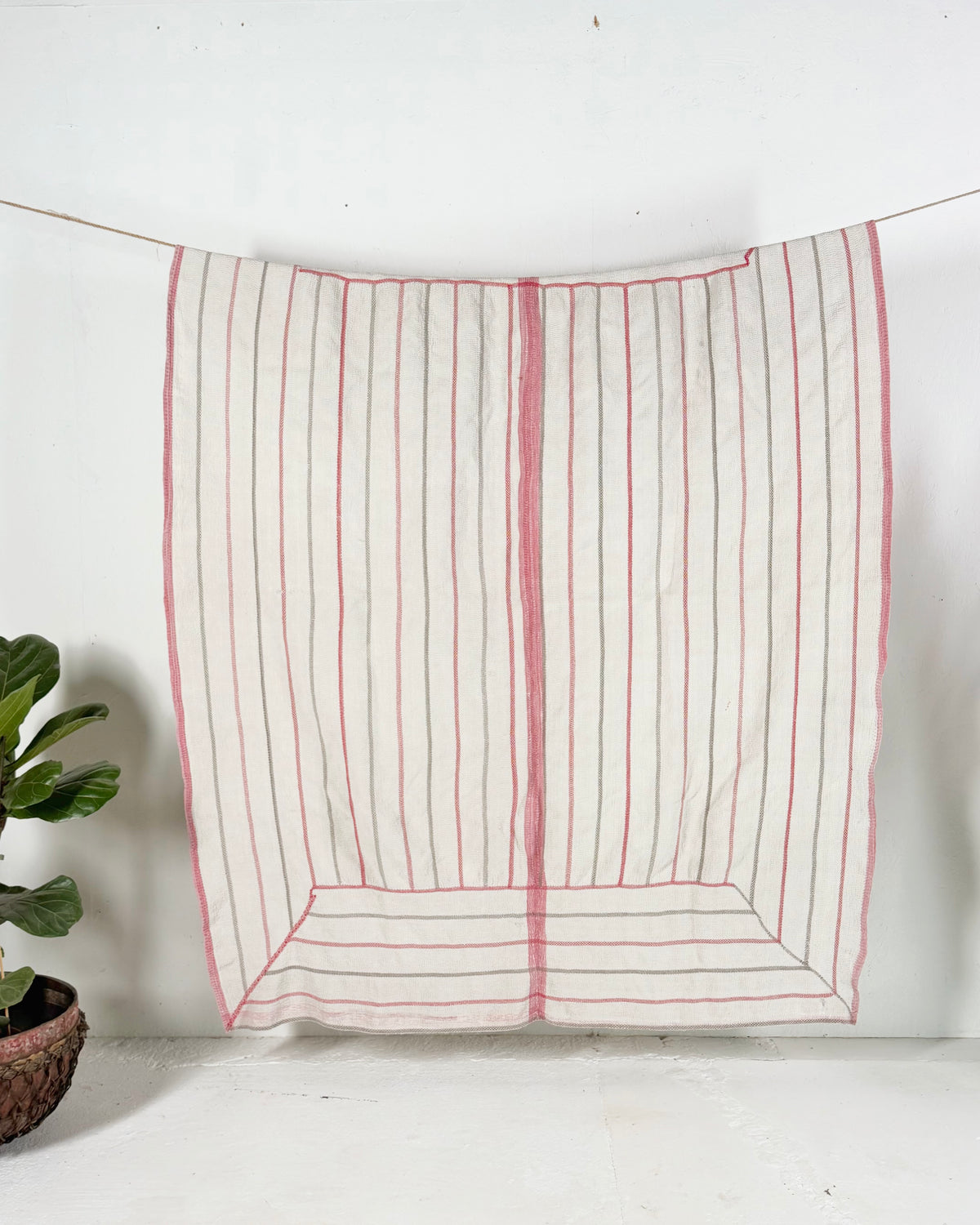 Embroidered Antique Vintage Kantha Quilt in White and Pink