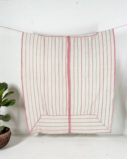 Embroidered Antique Vintage Kantha Quilt in White and Pink